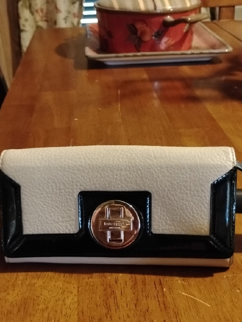 Kate Spade Cream and Black Leather Fold Wallet with Turn-Lock Accent